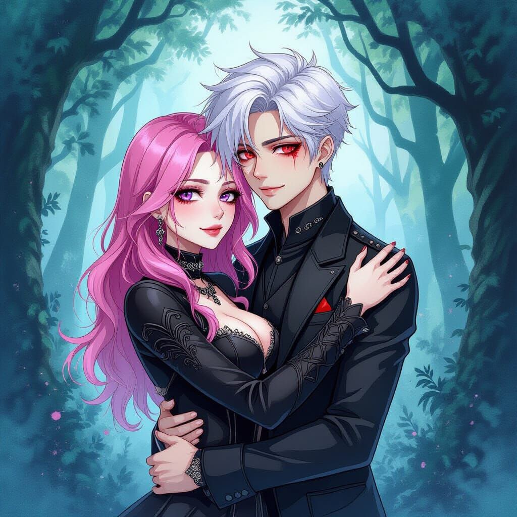 Gothic Couple Hugging in Enchanted Forest