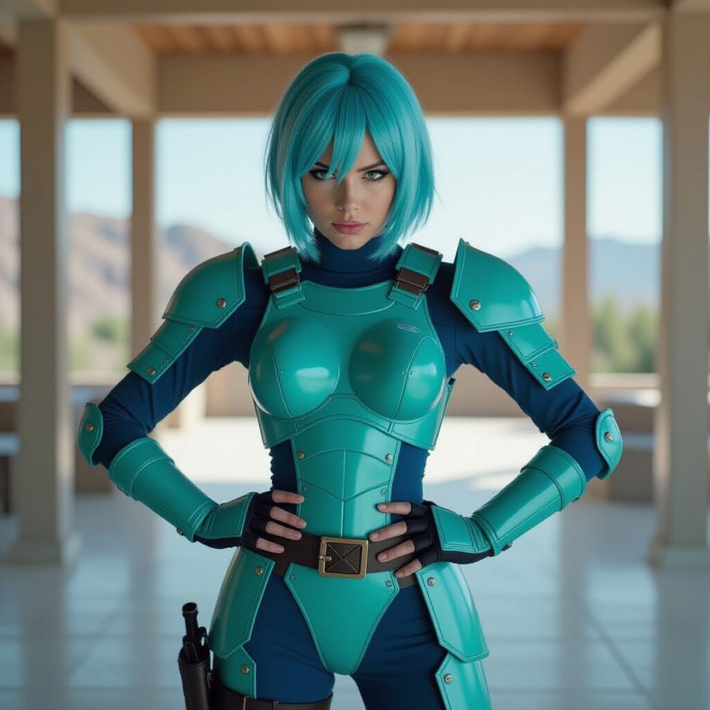 Bulma Poses in Iconic Armor, Cinematic Film Still