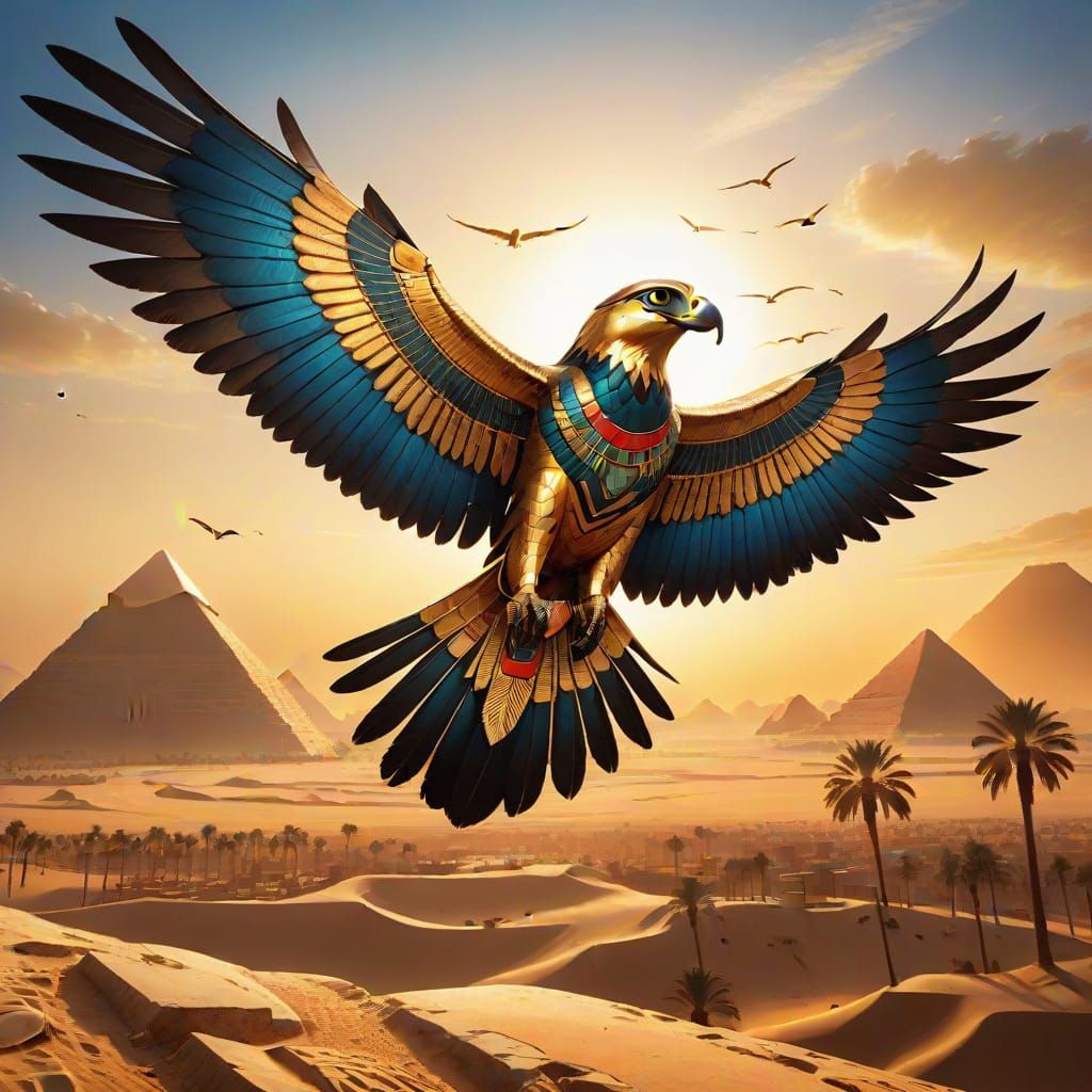 Egyptian Falcon Deity in Vibrant Sunset Landscape