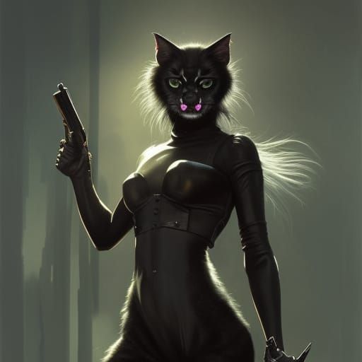 Werecat Assassin in Leather Outfit, Hyperdetailed Dark Fanta...