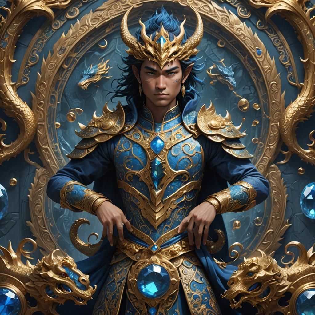 Blue Gem Person with Gold Dragon Patterns
