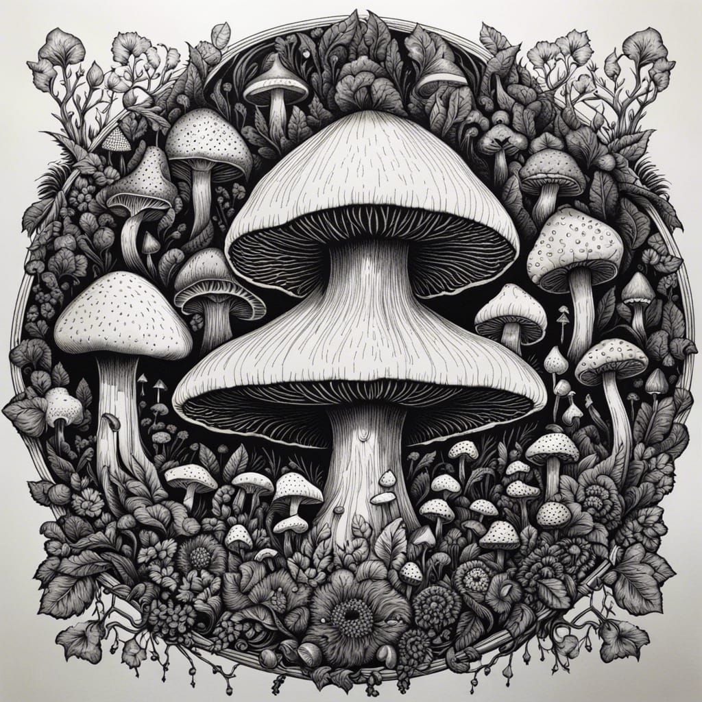 Intricate Ink Drawing of Mushrooms in Black Ink
