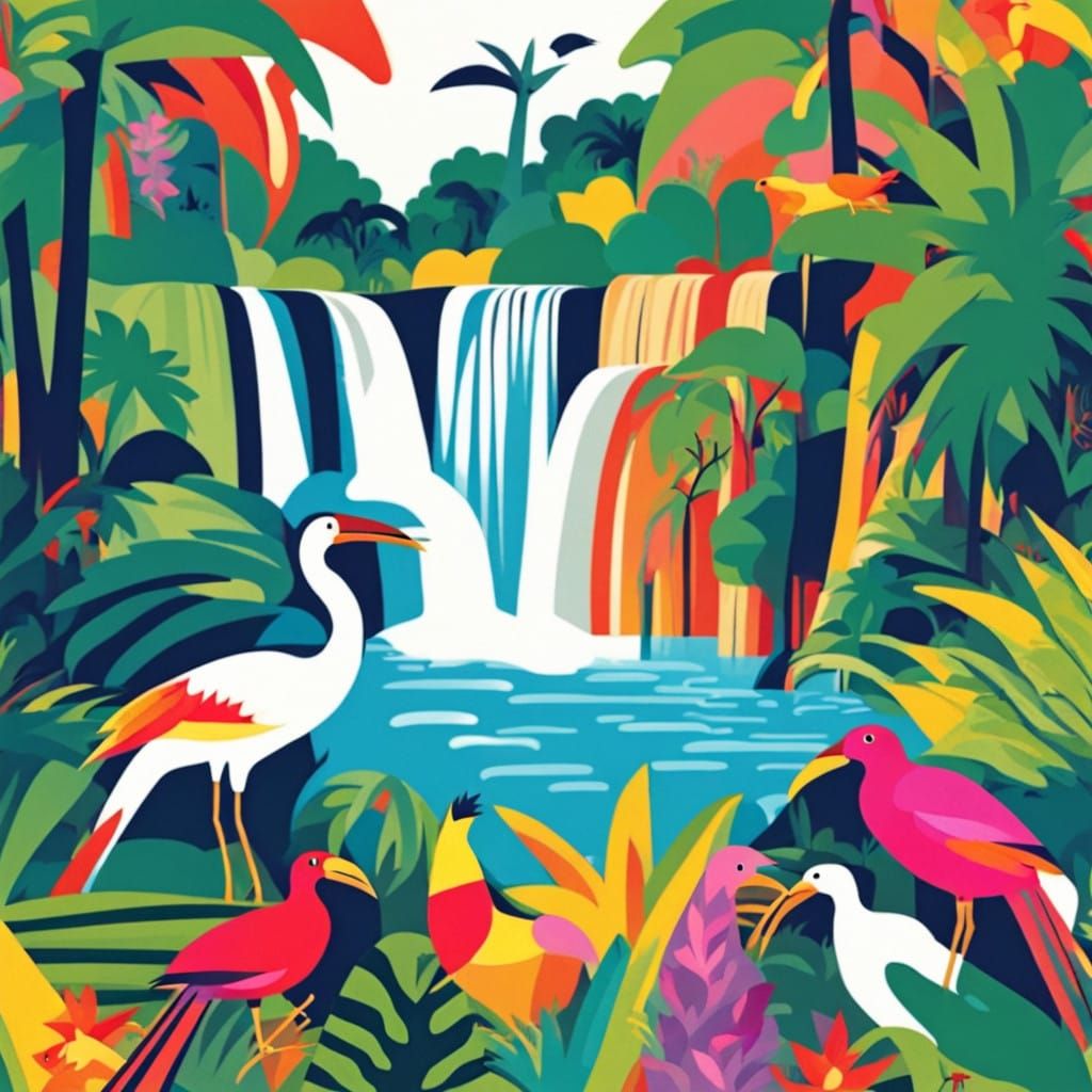 Vibrant Jungle Waterfalls in Abstract Expressionism
