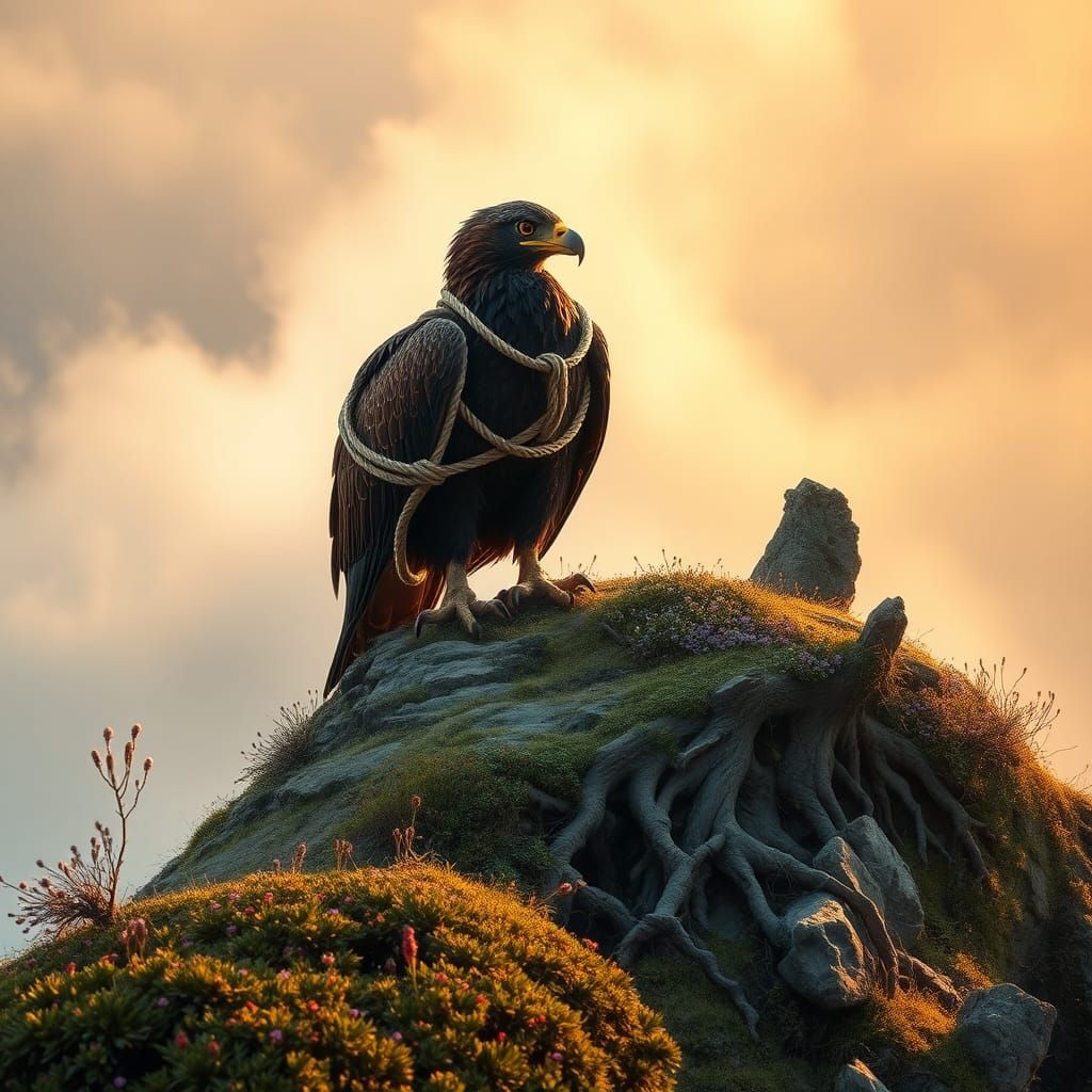 Majestic Eagle with Ropes on Wings in Mystical Landscape