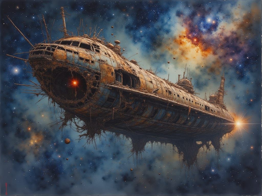 <lora:PerchanceFlux:1.0> A once-majestic starship combining the styles of Sparth and Craig Mullins, now lies abandoned i...