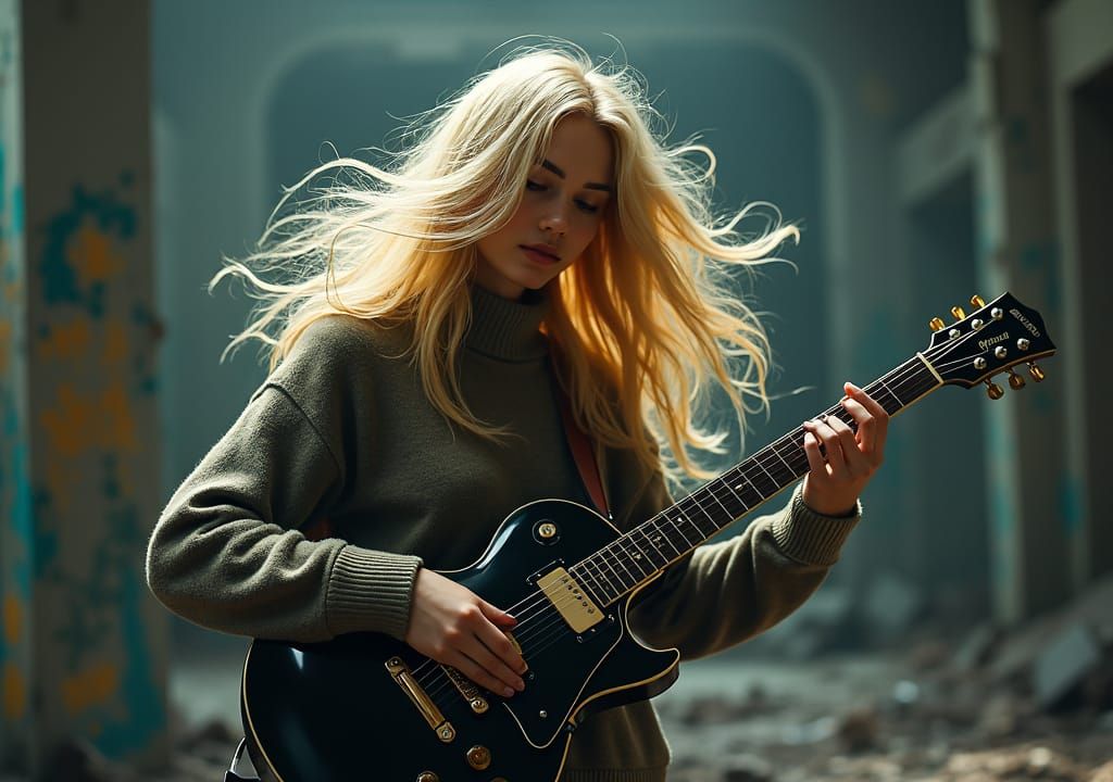 Blonde Guitarist in Abandoned Building, Hyperrealistic Portr...