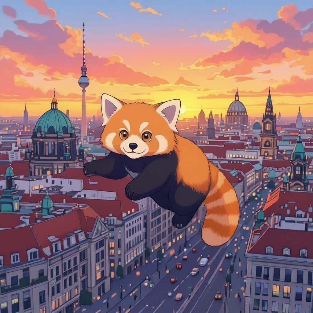 Red Panda Floats Over Berlin in Anime Style