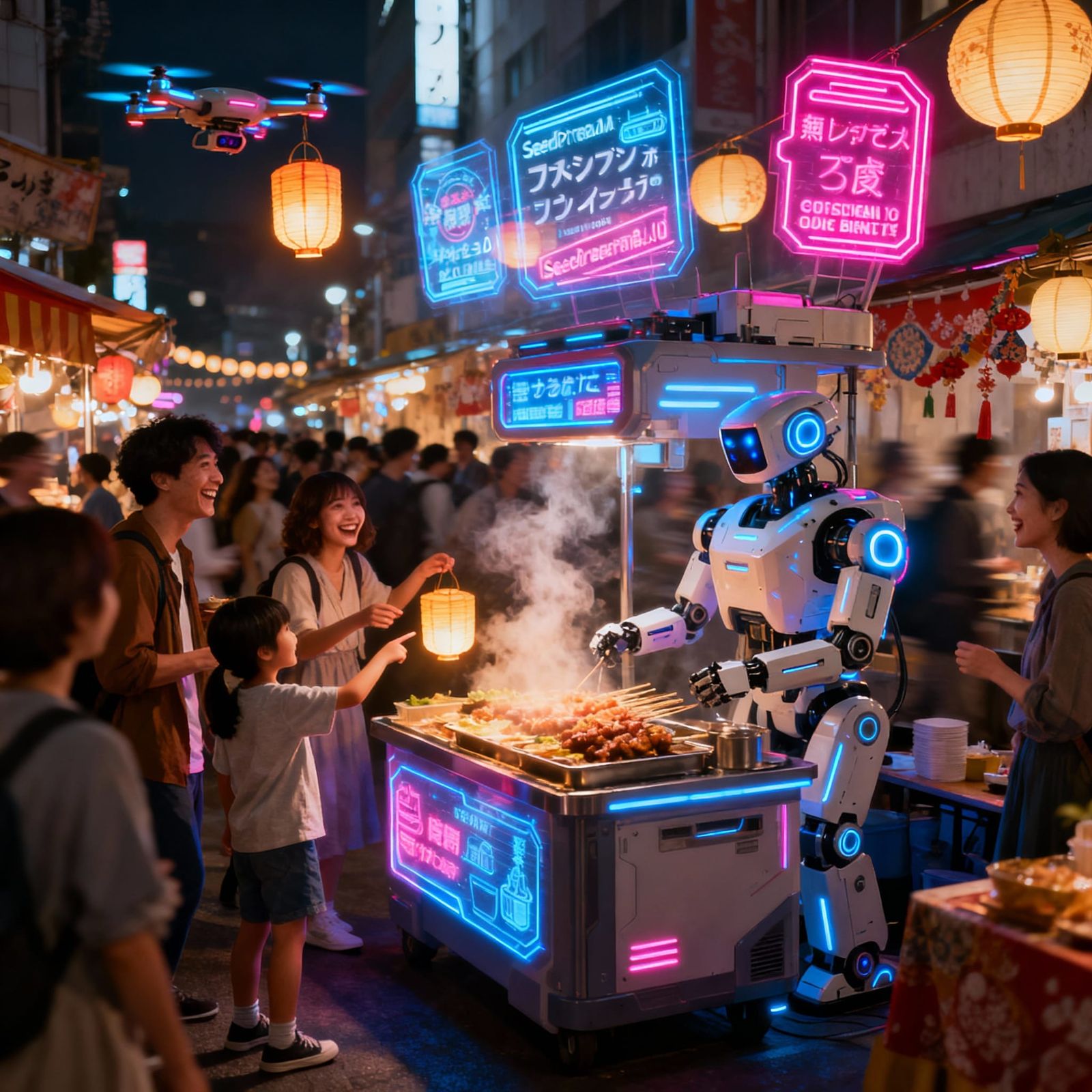 Tokyo Street Market at Night in 2095