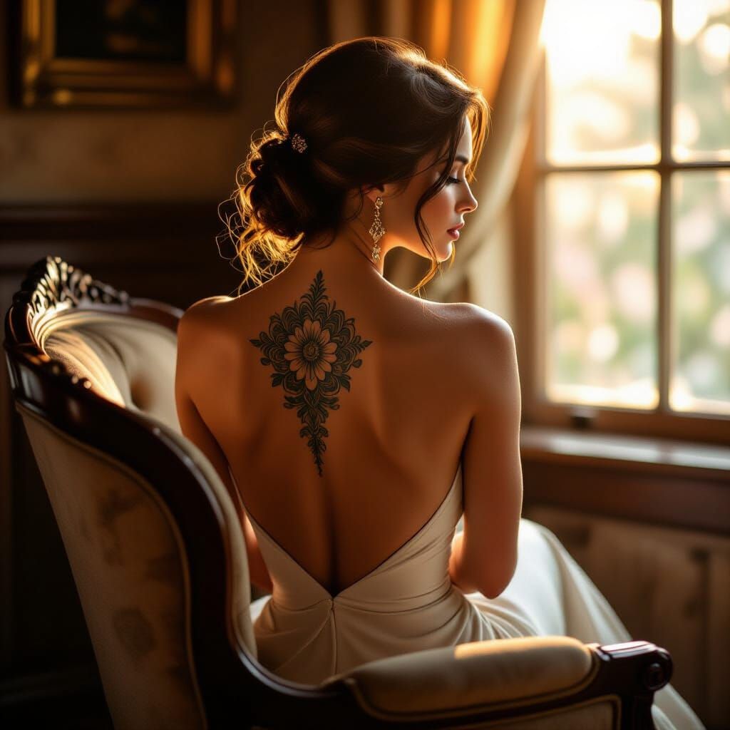 Woman with Tattoo on Back in Golden Hour Light