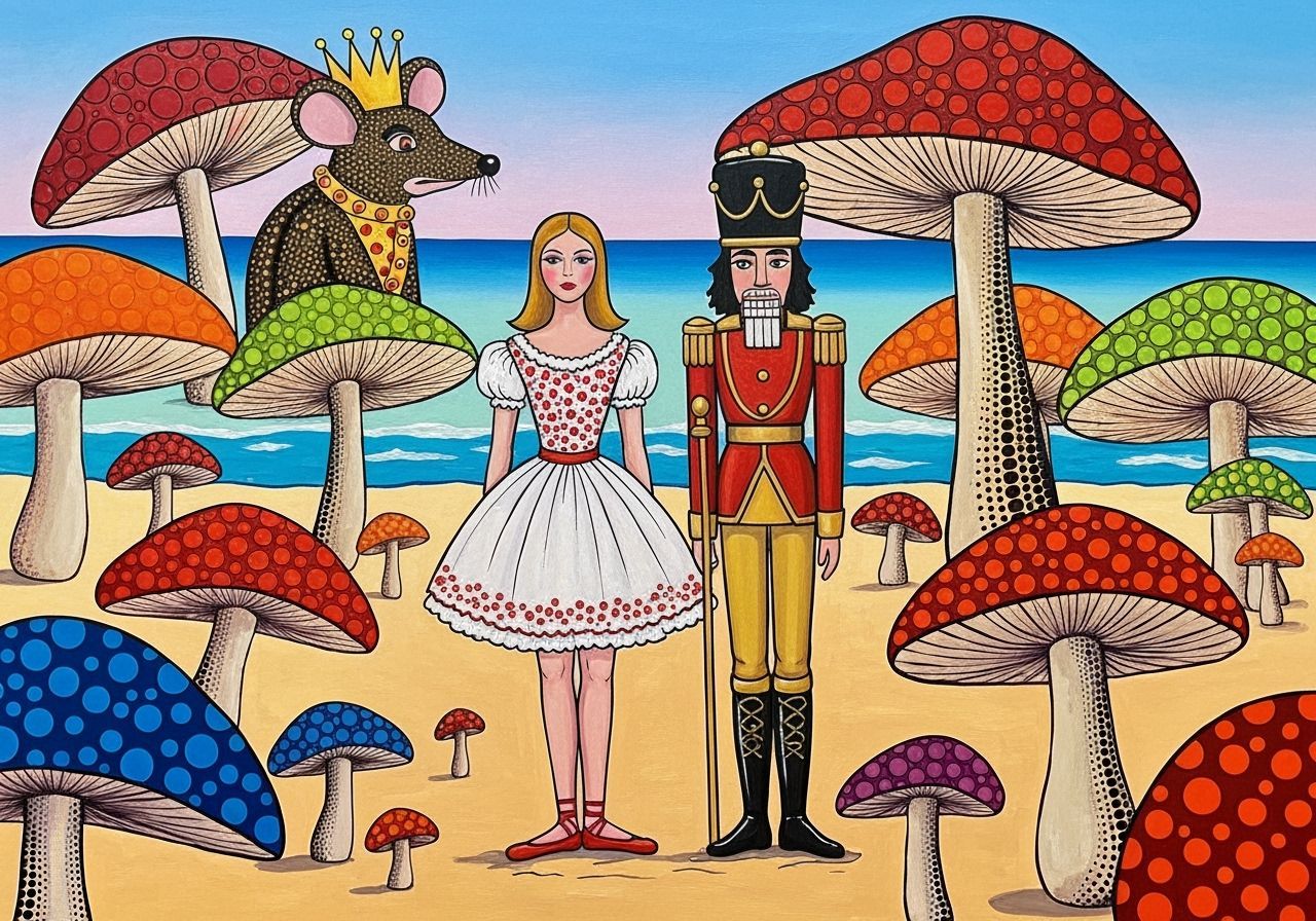 Clara, Nutcracker, and Mouse King on Surreal Mushroom Beach