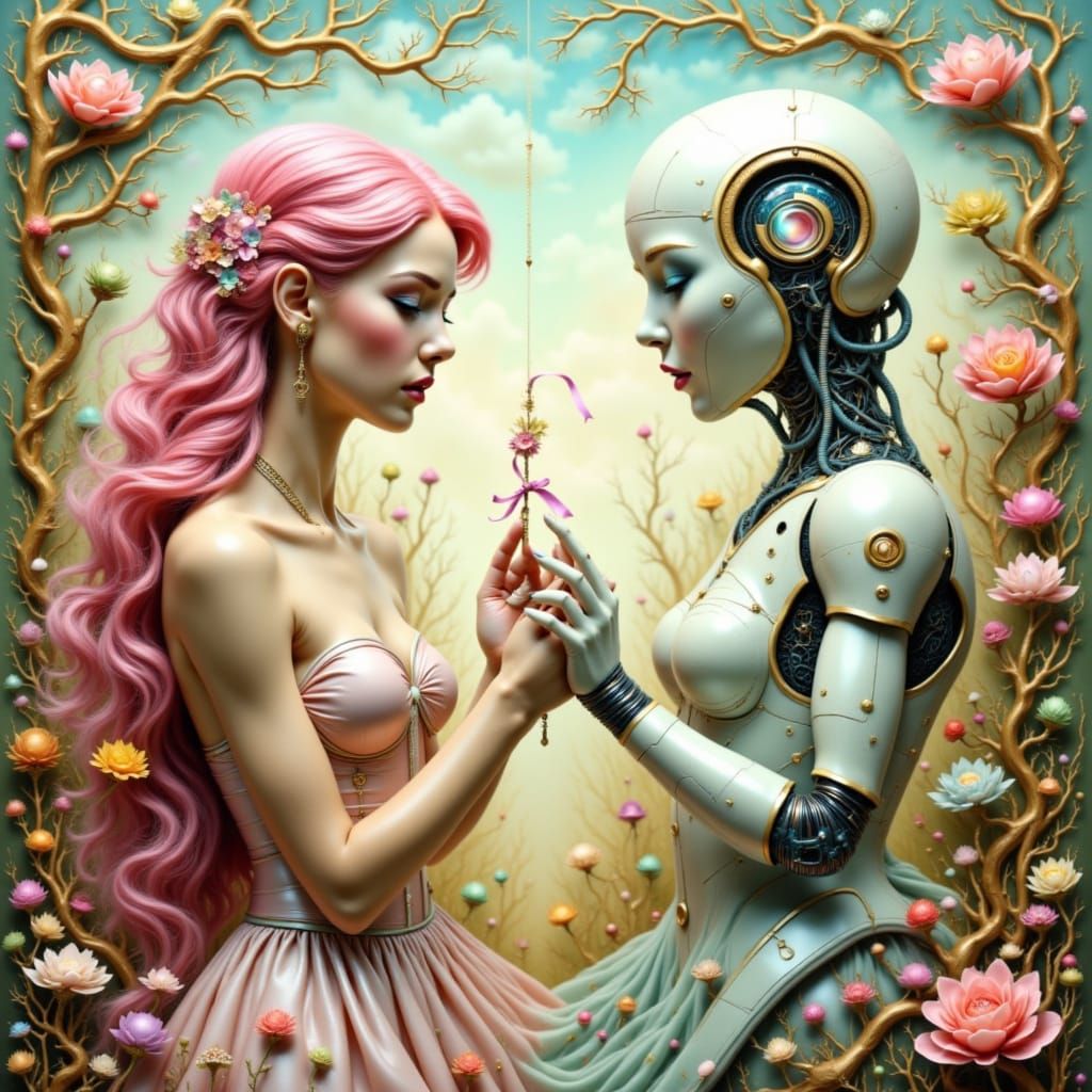 Robot Gently Ties Ribbon for Woman in Dreamy Digital Art