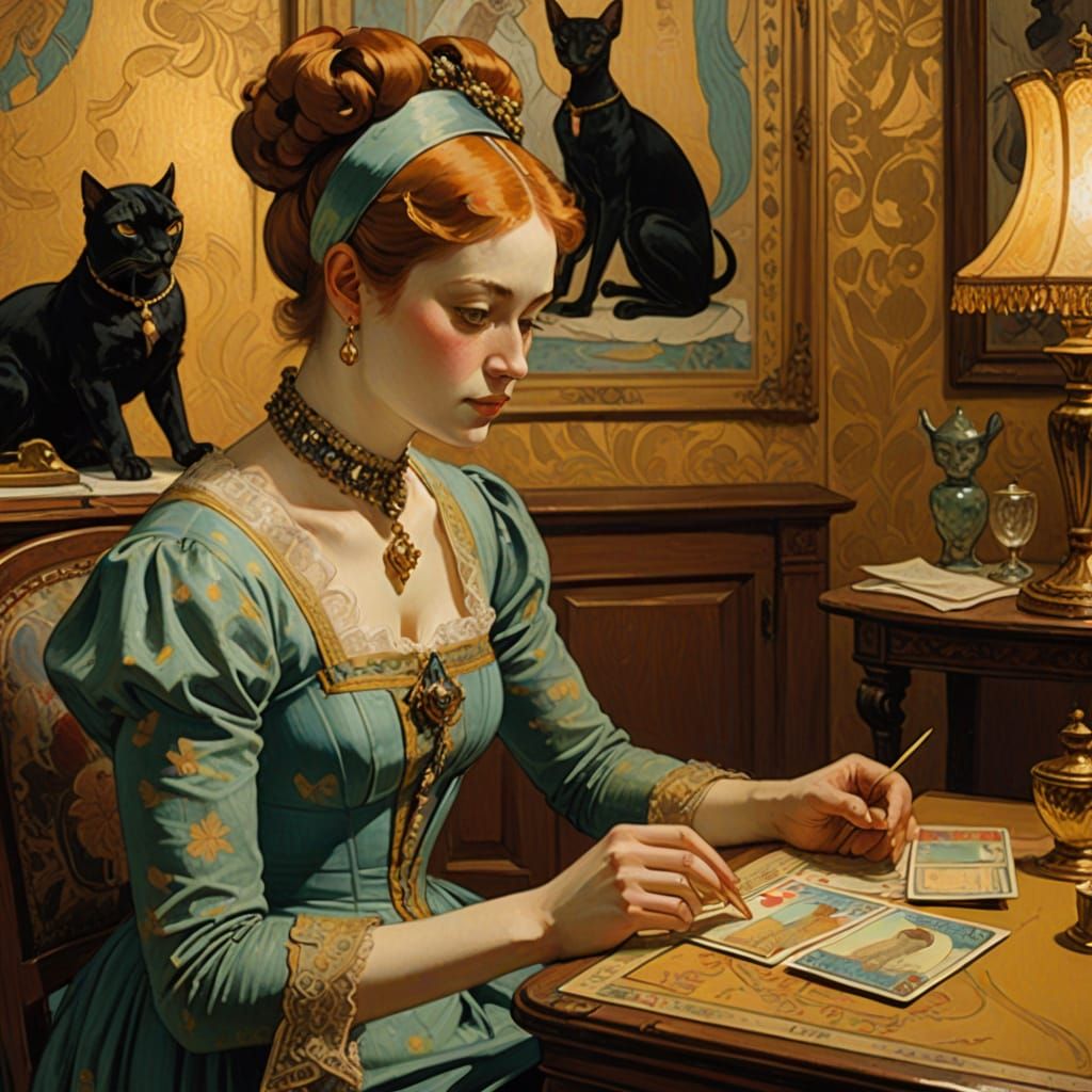 Sphinx Reads Tarot in Victorian Room, Oil Painting