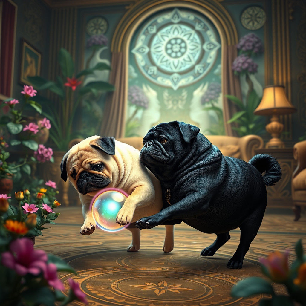 Pugs Playing with Iridescent Ball in Ornate Living Room