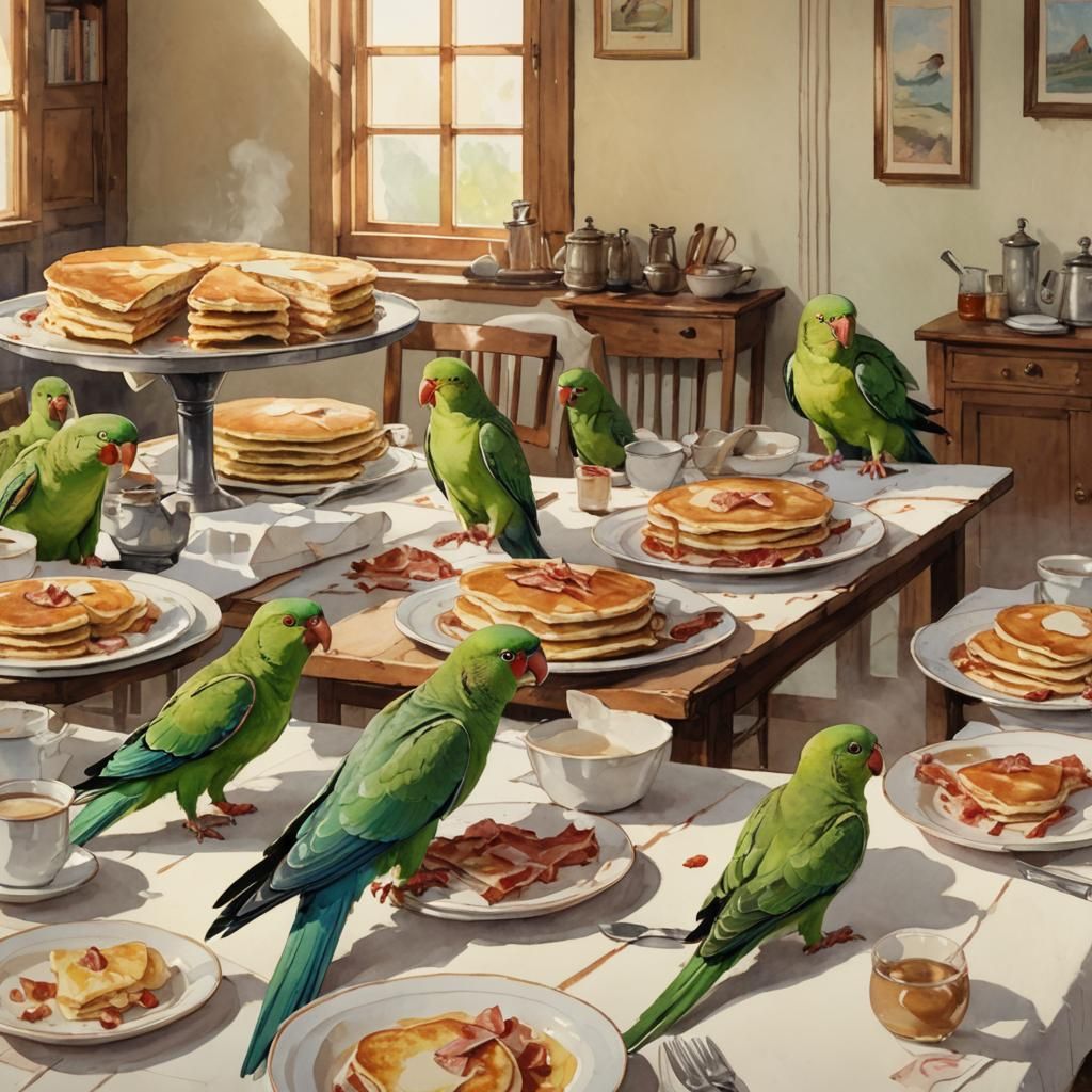 Quaker Parrots Gaze at Bacon and Pancakes