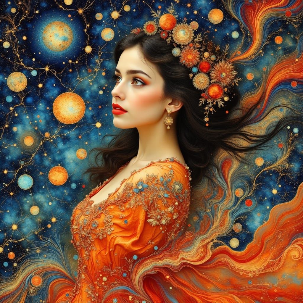 Woman Gazing at Starry Night in Mucha Style