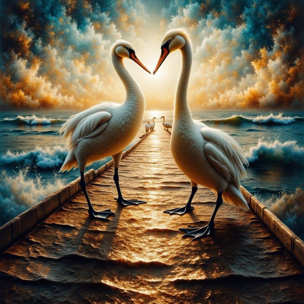 Surreal Punk Fantasy: Swans and Pelicans on a Dock