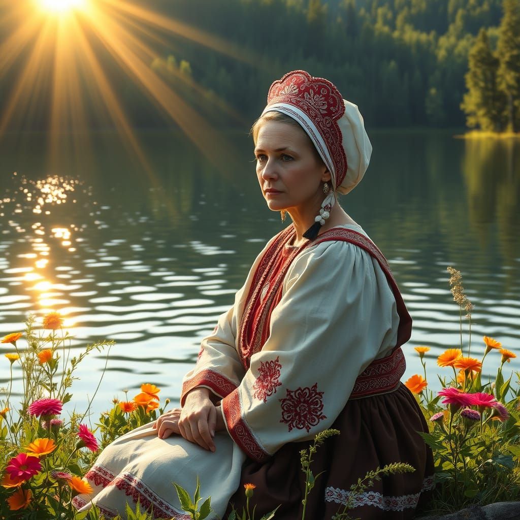 Tsarevna in Traditional Russian Attire, Lost in Thought by t...