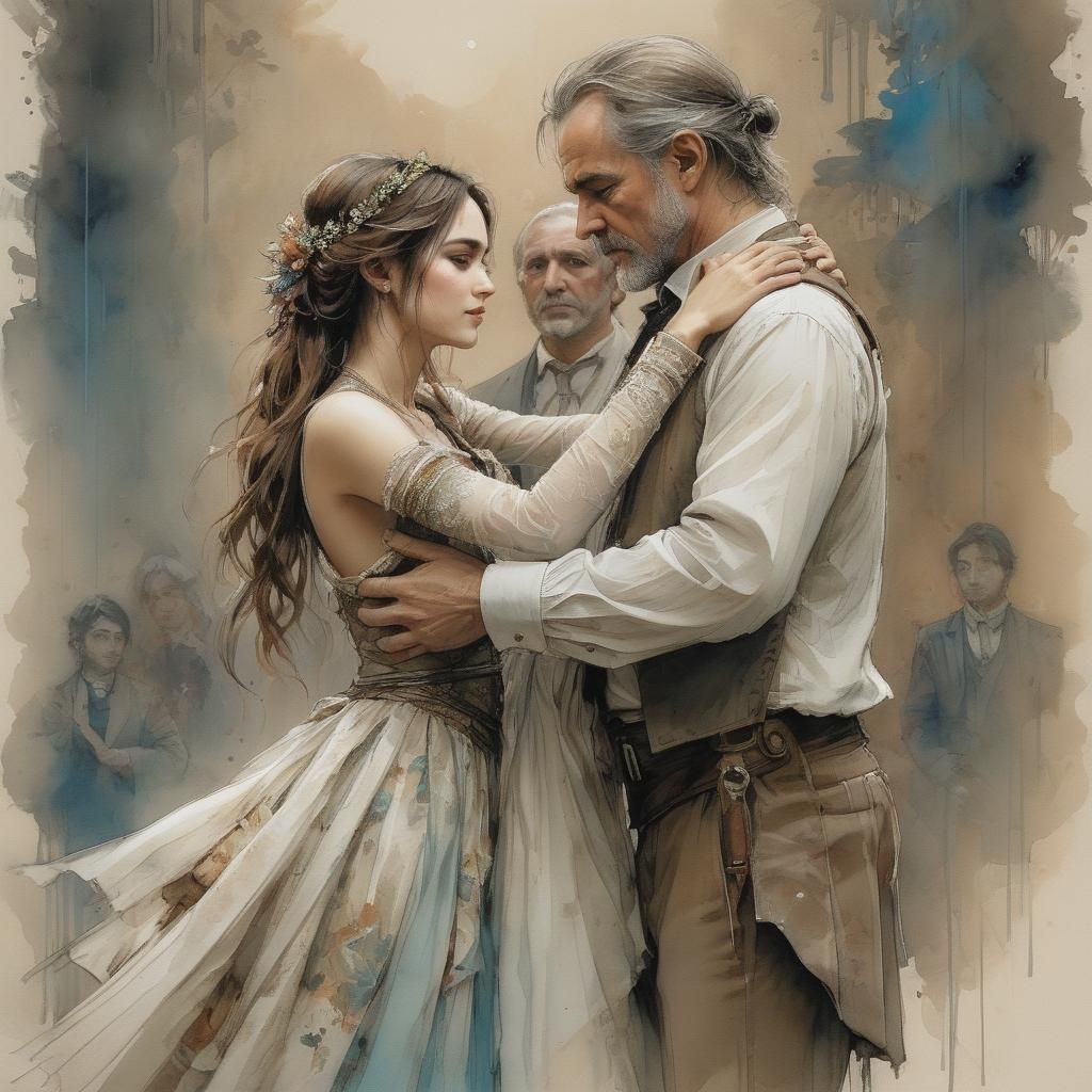 Father and Bride's Dance: Watercolor Line Drawing