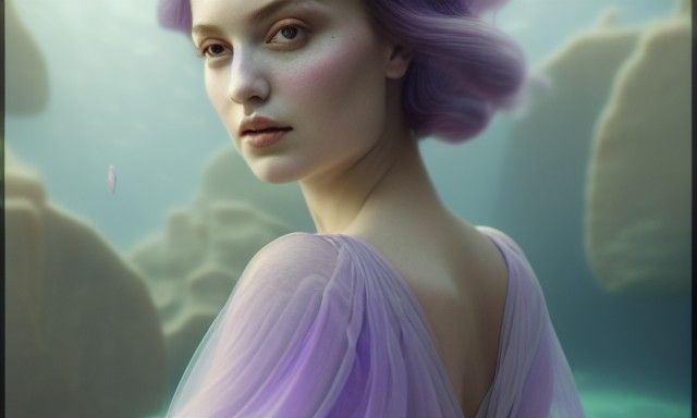 Goddess in Lilac Dress Underwater: Photorealistic Masterpiec...