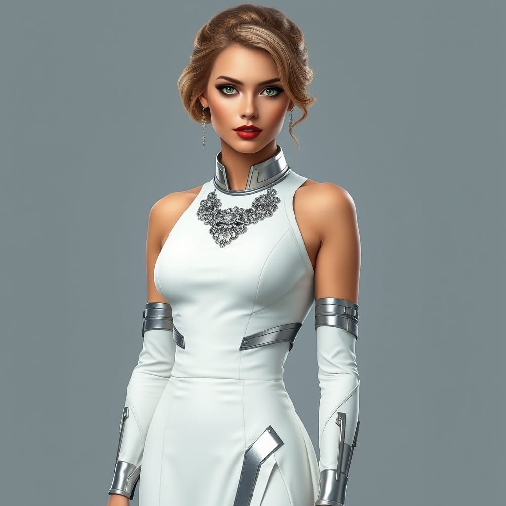Elegant Futuristic Goddess in Metallic Gown
