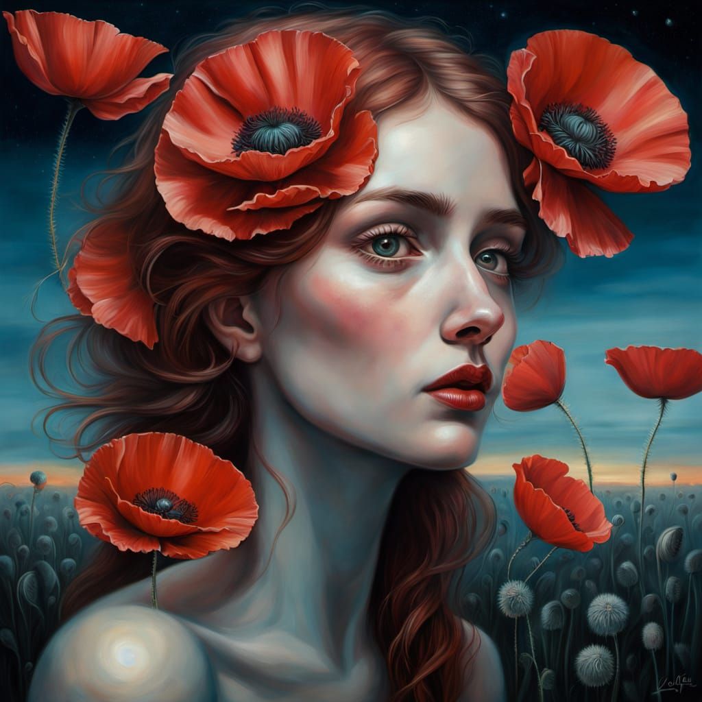 Surreal Poppy Field with Exploding Moon, Oil Painting
