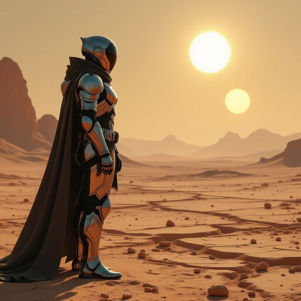 Futuristic Warrior on Alien Planet Under Twin Suns