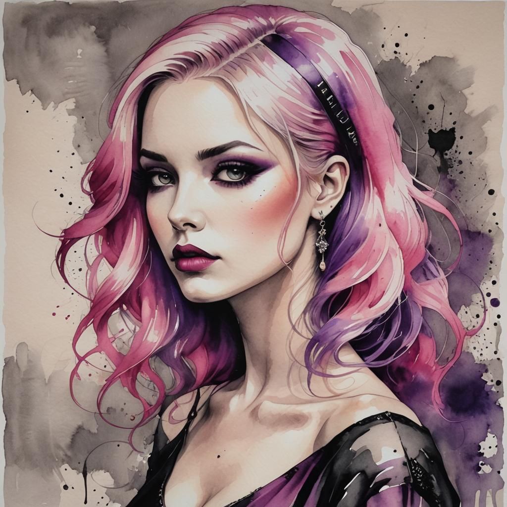 Woman with Colorful Hair in Gothic Ink Painting