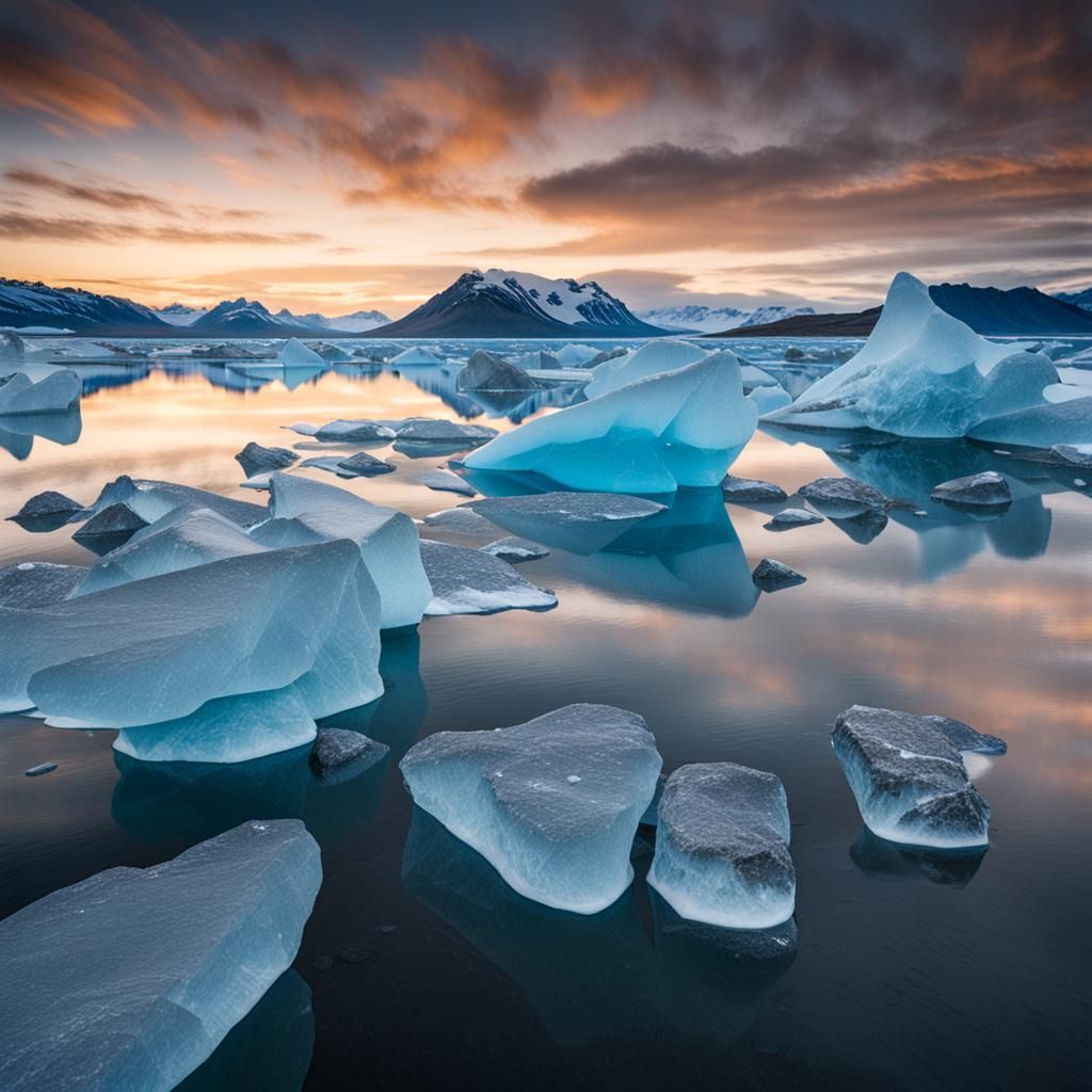 Icelandic Glacial Lake Jökulsárlón at Magic Hour