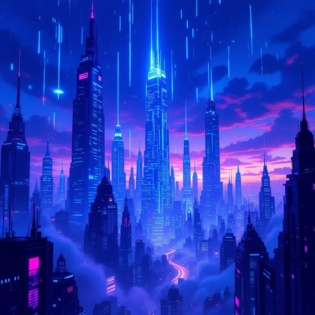 Futuristic Cityscape with Neon Lights and Digital Ghosts