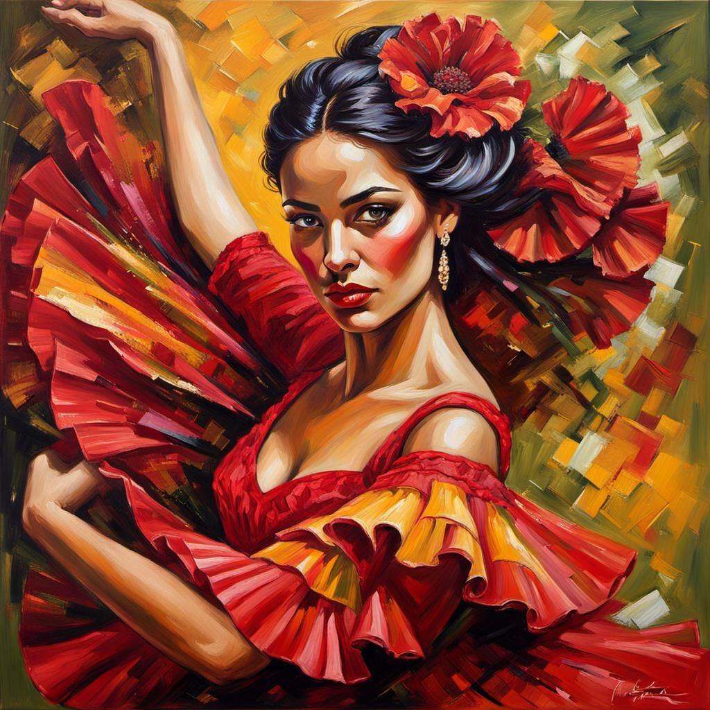 Flamenco Dancer in Fiery Oil Painting