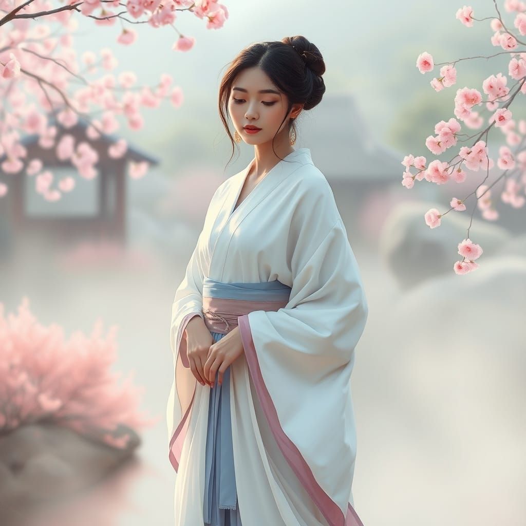 Serene Woman in Japanese Garden with Cherry Blossoms