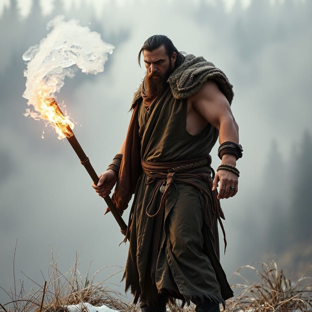 Muscular Barbarian Wields Quarterstaff in Frosty Fantasy Lan...