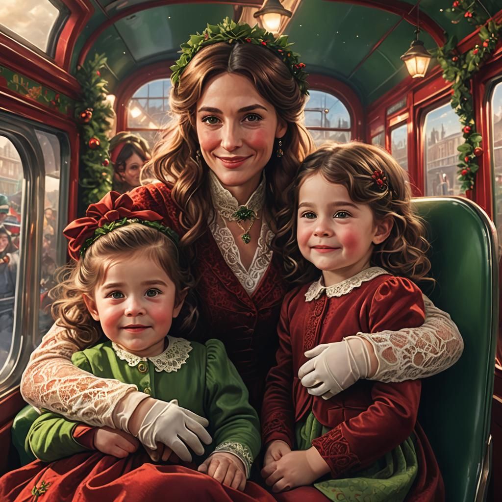 Victorian Mother with Twins on Christmas Train