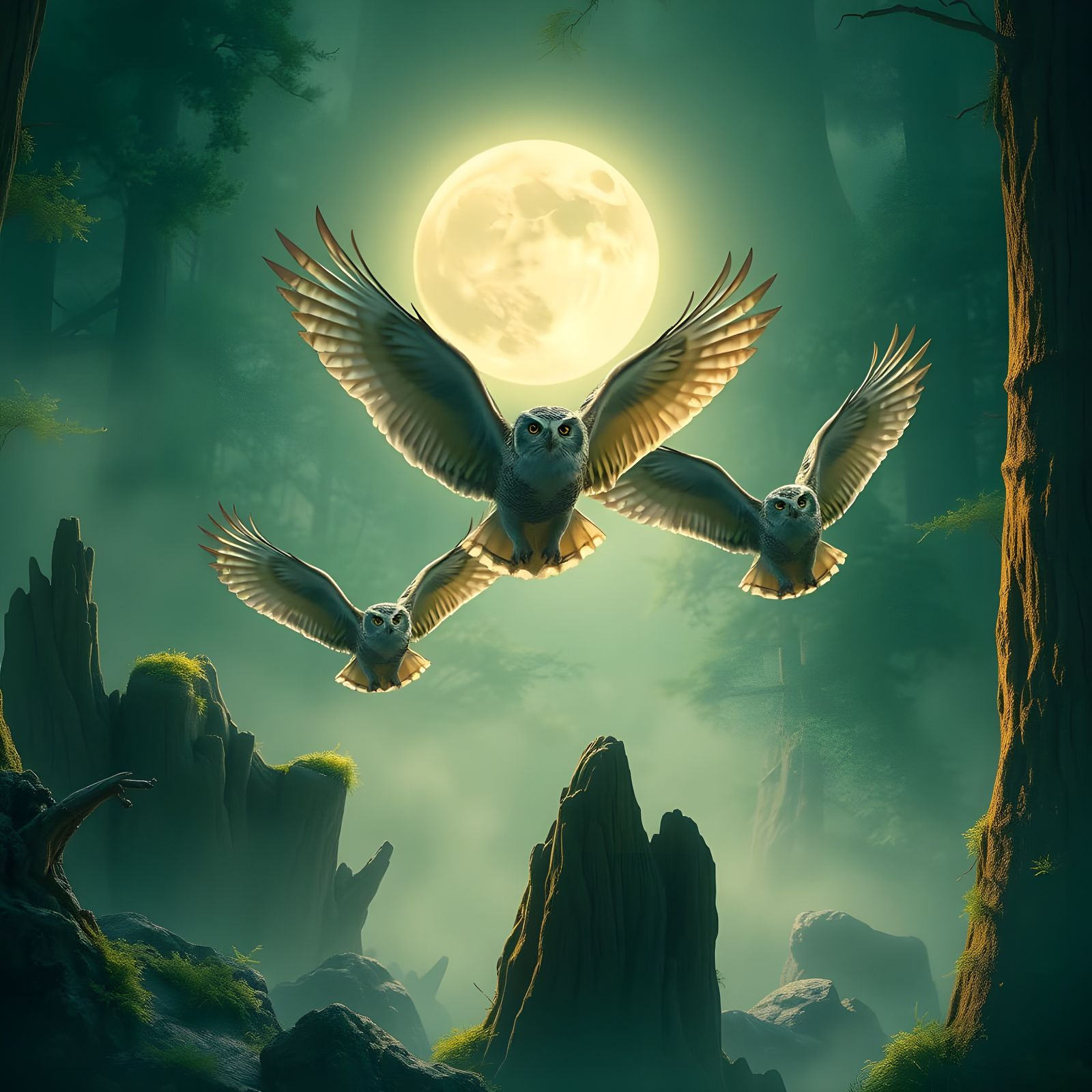 Epic Nighttime Flight of Majestic Owls Through Mystical Fore...