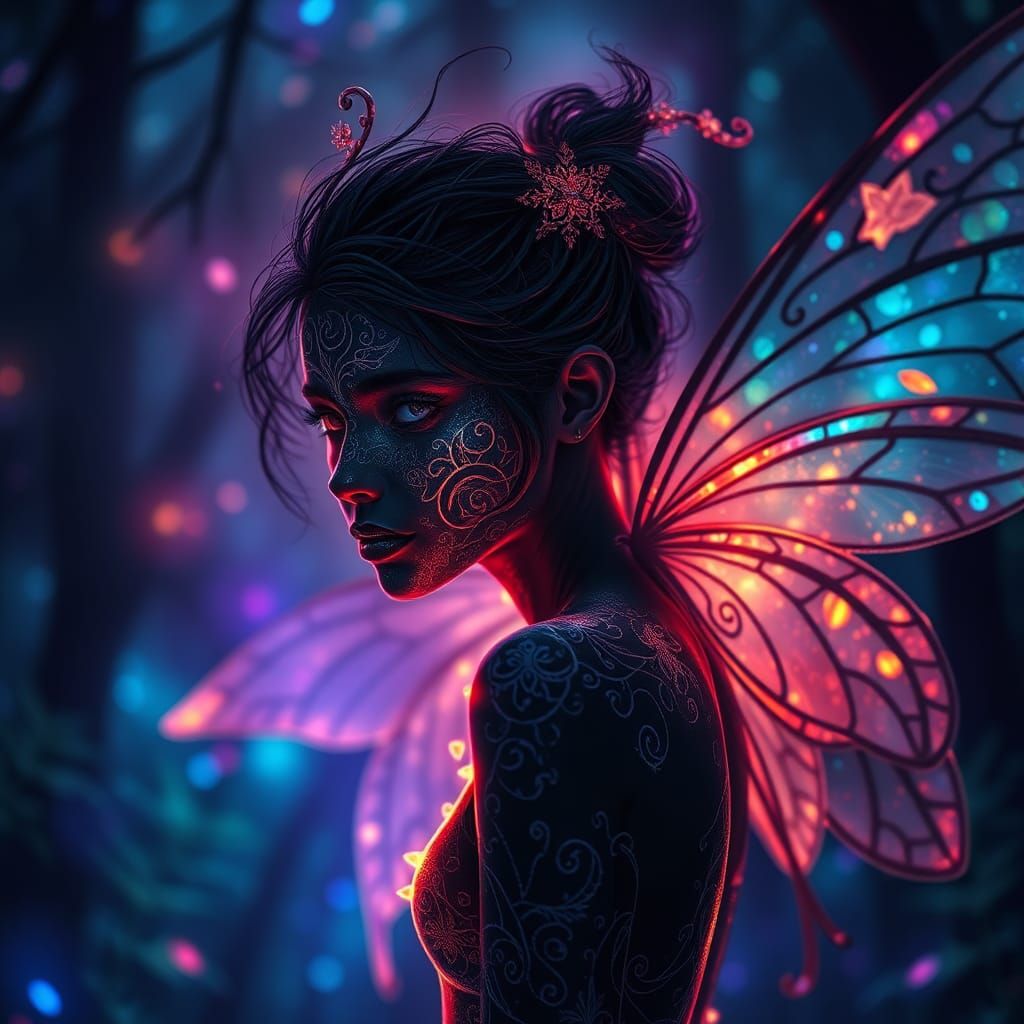 Black Aura Fairy in Hyperrealistic Night Forest