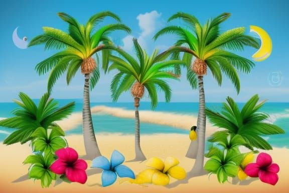 Tropical Island Paradise with Parrots and Pineapples