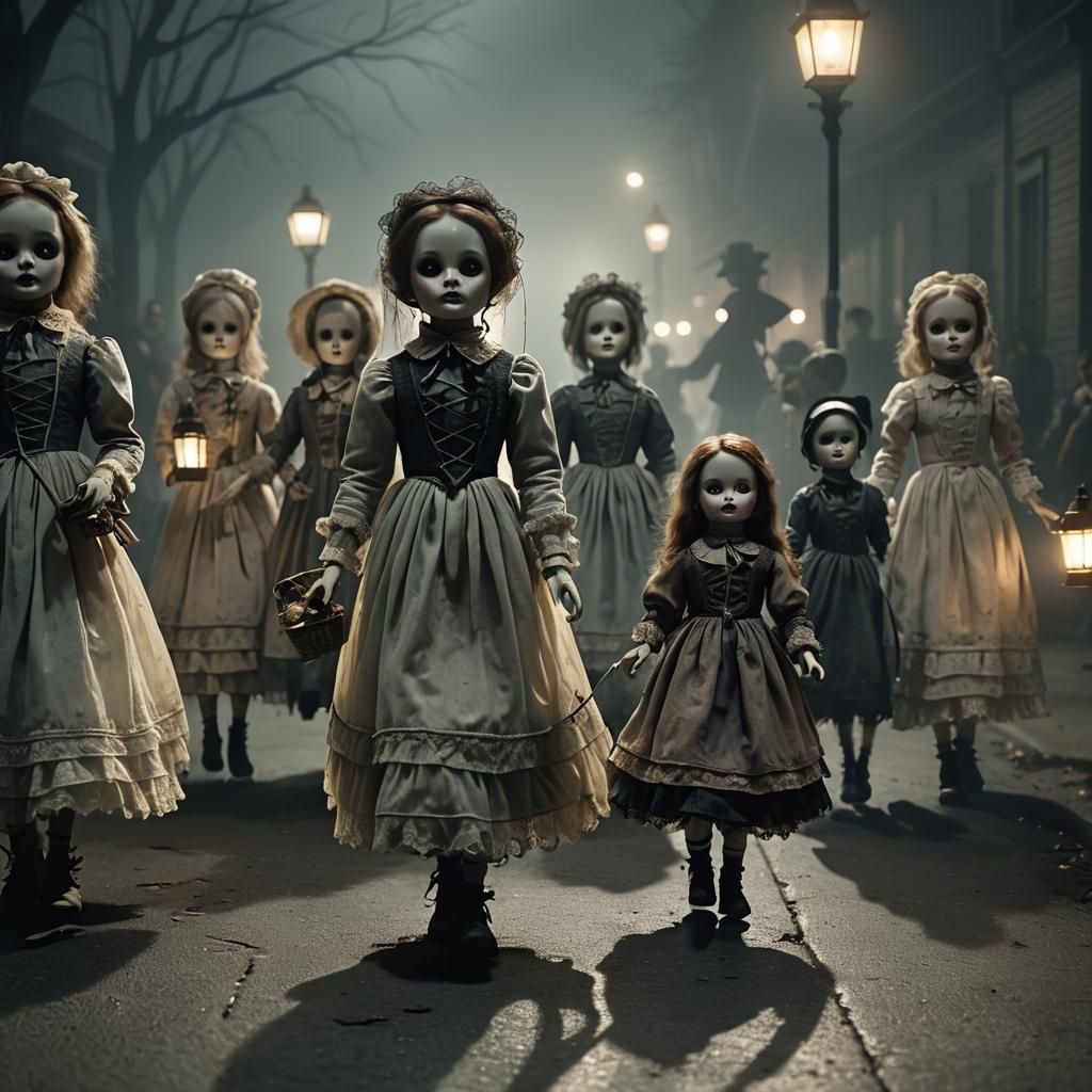Gothic Dolls March Through Moonlit Fog in Cinematic Film Sti...