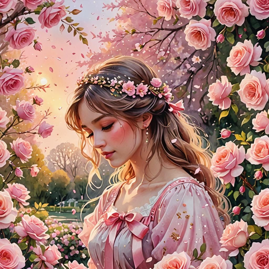 A vibrant scene filled with pink ribbons fluttering in the b...