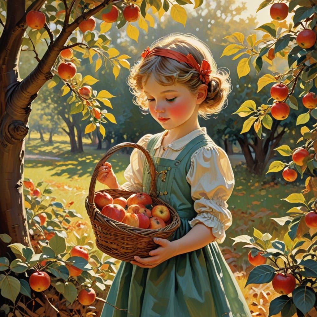 Child Picks Apples in Golden Light