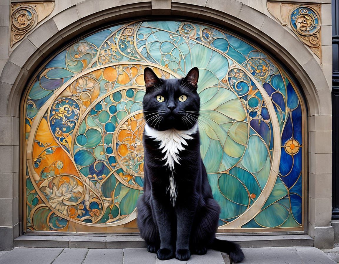 Elegant Cat Dances in a Vibrant, Dreamlike Art Nouveau Scene