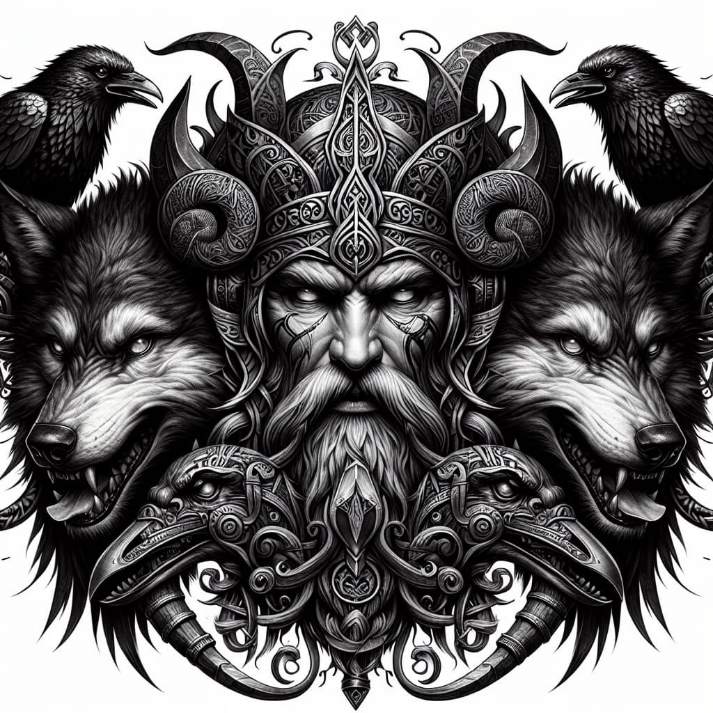 Odin Tattoo Design with Wolves and Ravens