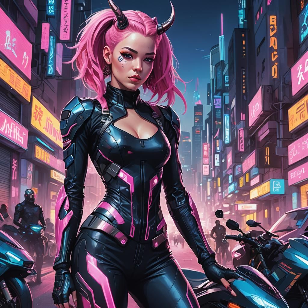 Anime Woman on Cyberpunk Street with Superbike