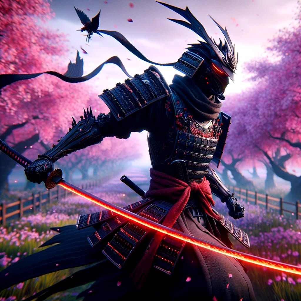 Sci-Fi Samurai in Cherry Blossom Field
