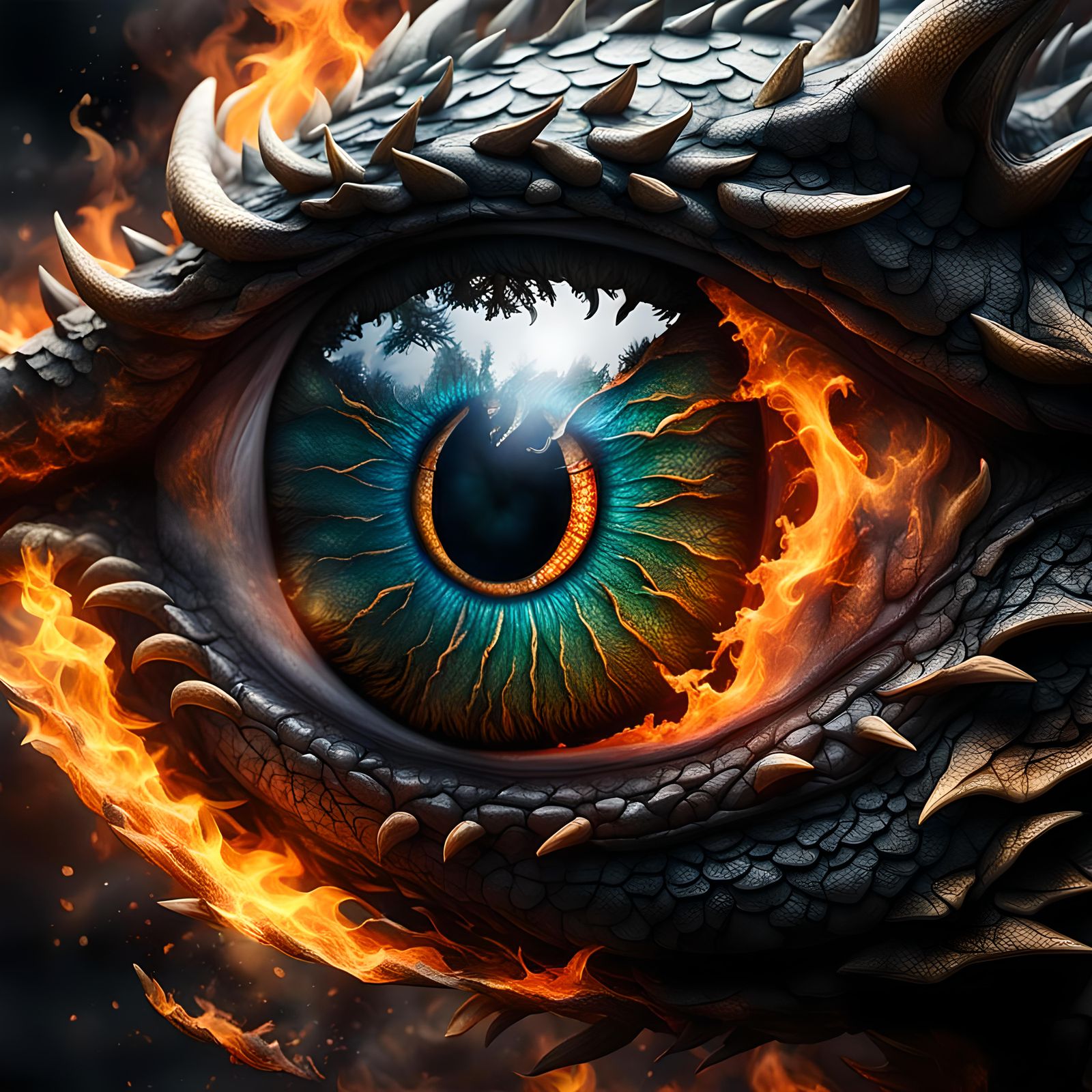 Fiery Dragon Eye Double Exposure in Fantasy Realism