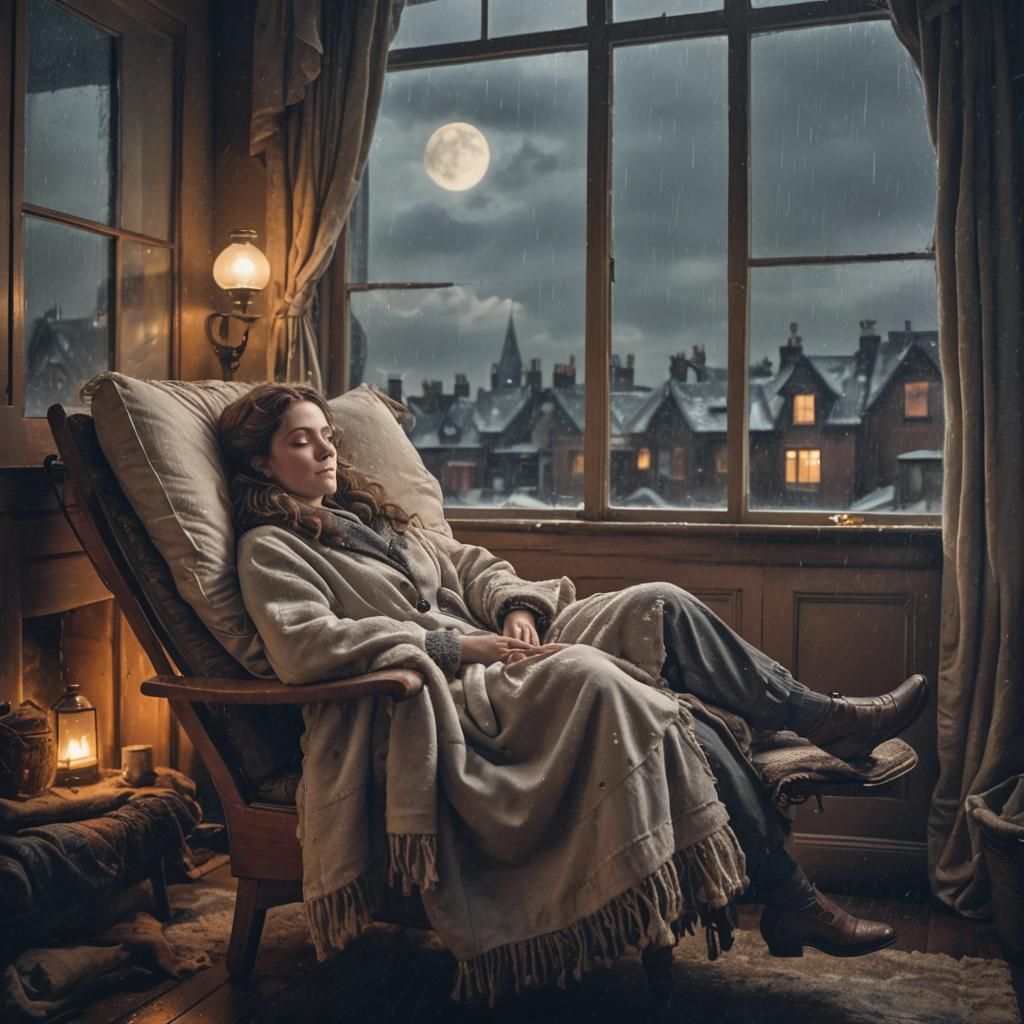 Victorian Woman Relaxes on Rainy Night