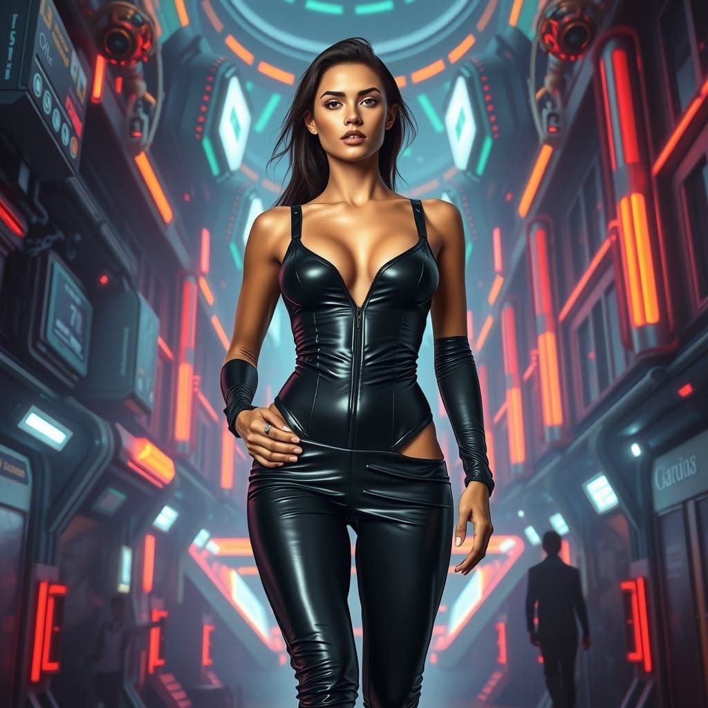 Futuristic Woman in Sleek Jumpsuit: Hyperrealistic Sci-Fi Ar...