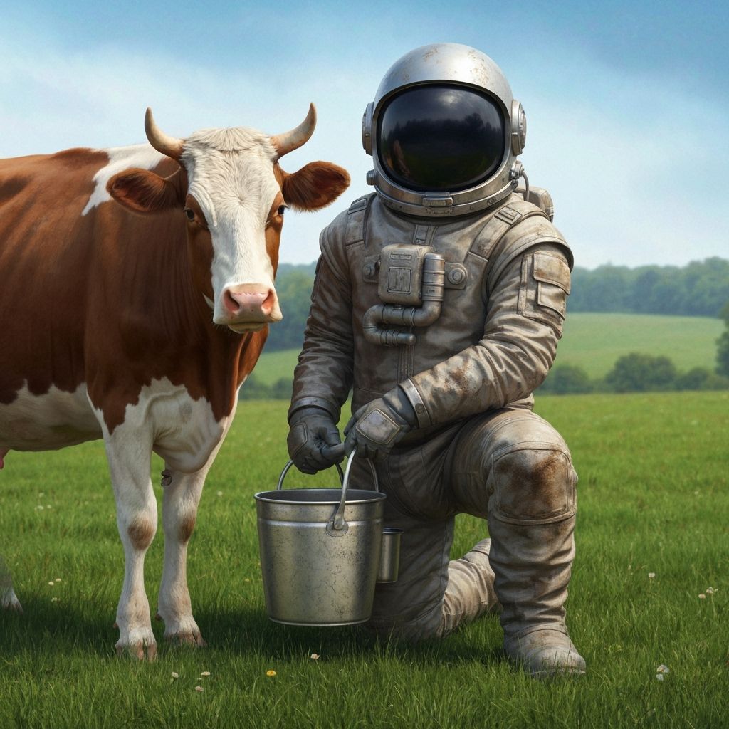 Spaceman Milking Cow in Meadow with Dark Visor