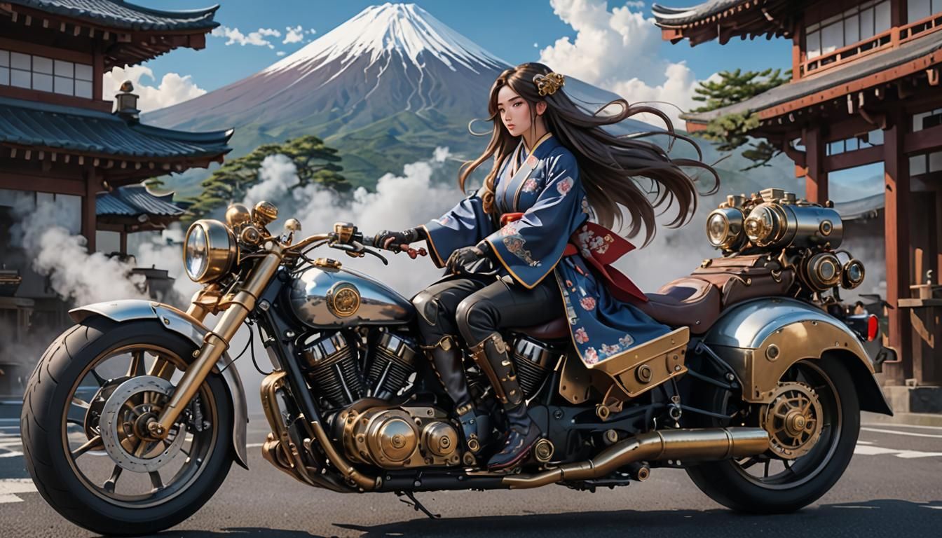 Steampunk Kimono Rider at Mount Fuji