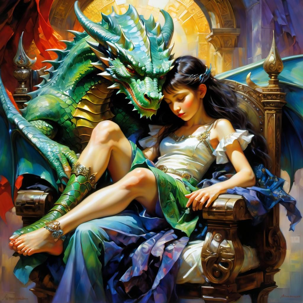 Dragon and Woman on Throne: Romanticism Style