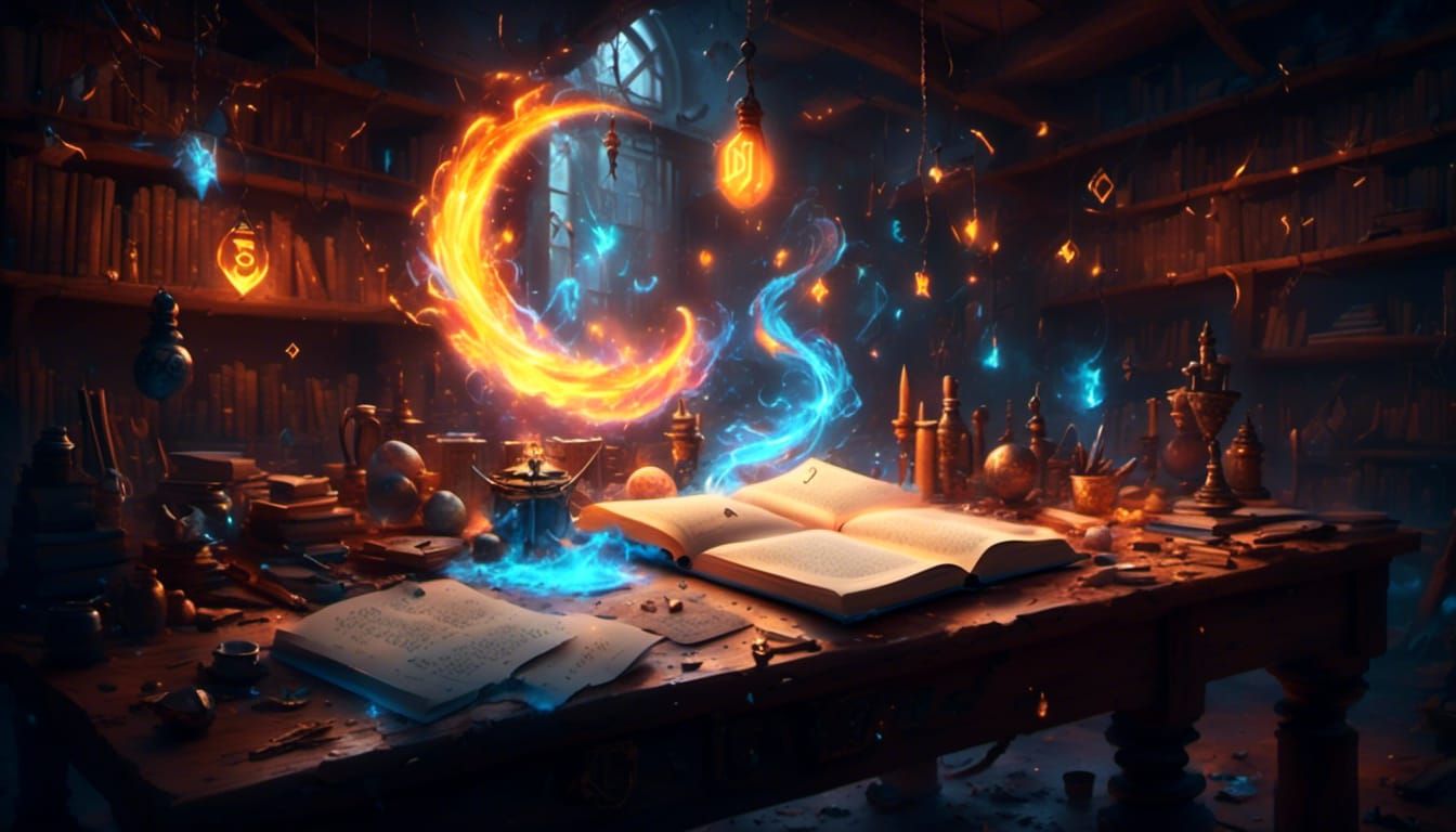 Mystical Wizard Workshop with Flying Runes and Spells